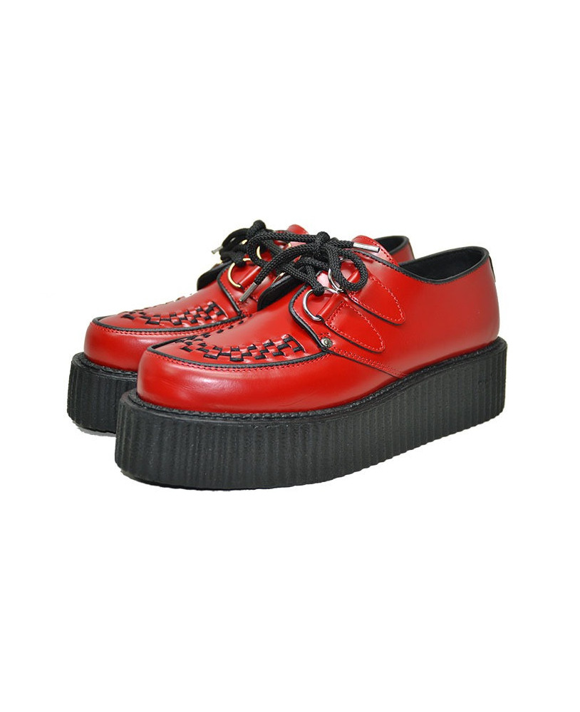Creepers Nevermind in red smooth leather – double sole, punk and alternative style, unisex.