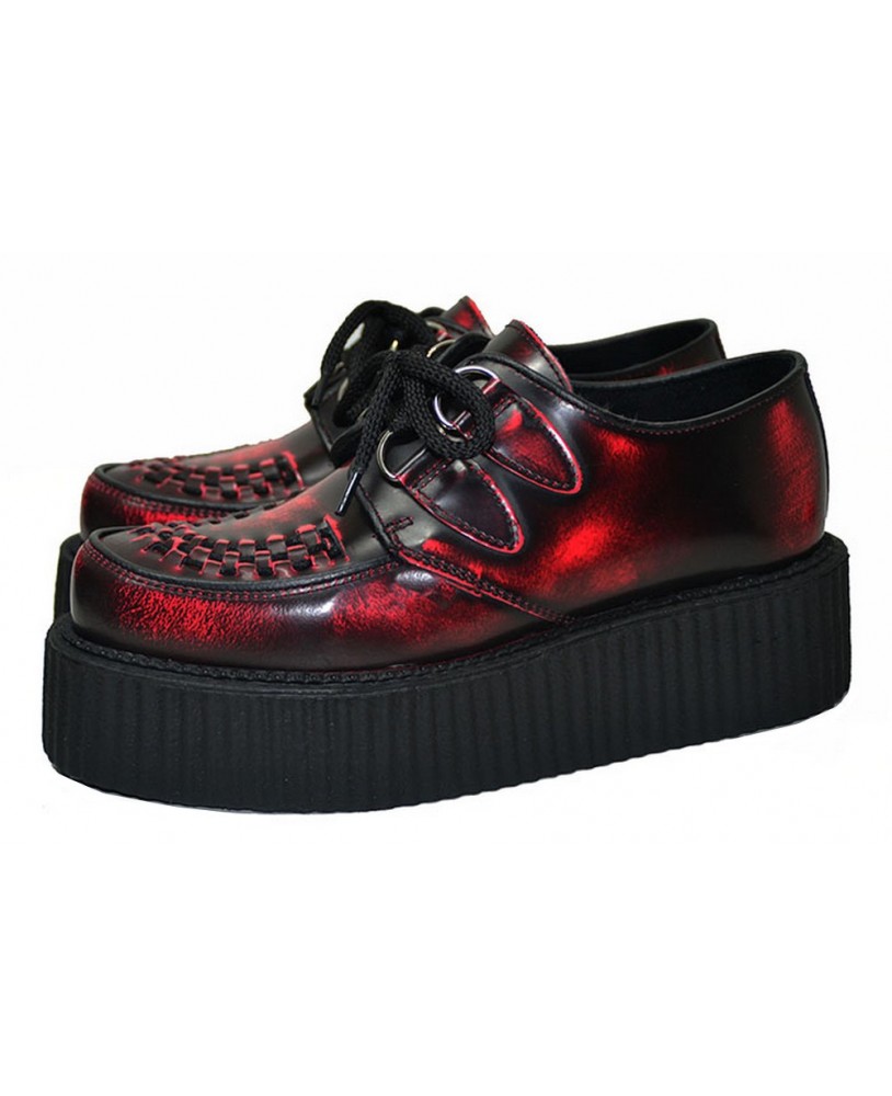 Creepers Nevermind in red/black leather – double sole, punk and alternative style, unisex.