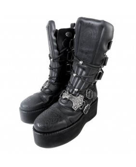 Stivali gotici vegani con zeppa neri con incisioni celtiche e Mjölnir – Stile vichingo industriale – Nevermind
