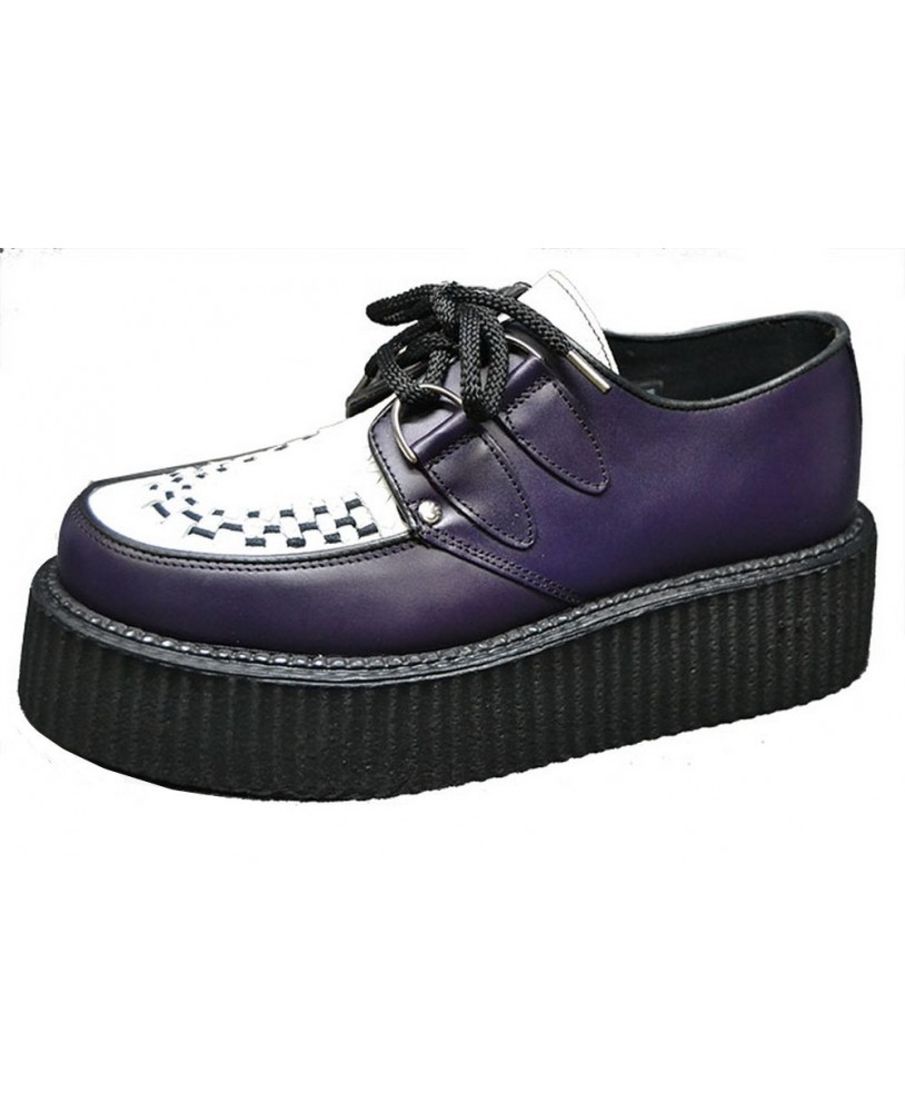 Creepers Nevermind in purple and white leather – double sole, punk and alternative style, unisex.