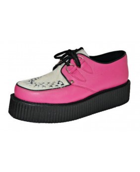 Creepers Nevermind rosa in pelle con doppia suola e pelle bovina bianca – eccentrici, originali e underground.