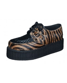 Creepers Nevermind en fourrure bovine imprimée zèbre et suédine noire, semelle double.