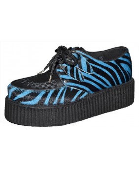 Nevermind Creepers aus schwarzem Leder und Rinderfell Zebra Blau – kontrastreich, wild und underground.