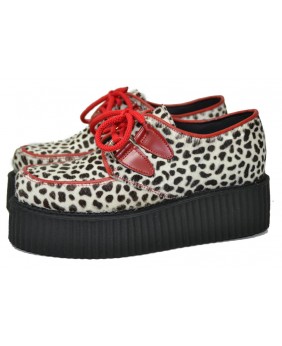 Creepers Nevermind en cuir rouge et fourrure bovine léopard blanc/noir – sauvages, rebelles et underground.