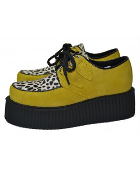 Creepers Nevermind de ante amarillo con doble suela y piel bovina leopardo – atrevidos, robustos y underground.