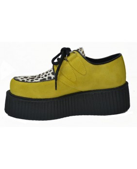 Creepers à double semelle en cuir suédé jaune et fourrure bovine léopard – Nevermind