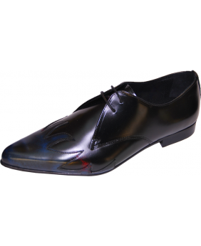 Nevermind – Oxford in black leather with hand-painted flame details.
