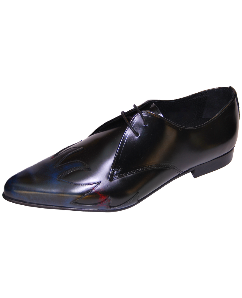 Nevermind – Oxford in black leather with hand-painted flame details.