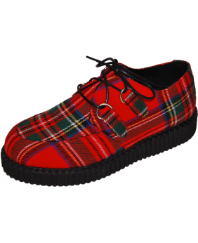 Nevermind single-sole creepers in red tartan fabric with black ridged sole.