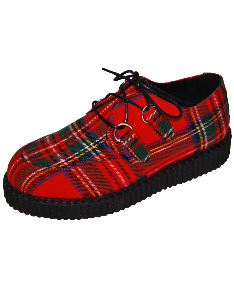 Nevermind single-sole creepers in red tartan fabric with black ridged sole.