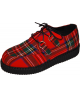 Nevermind single-sole creepers in red tartan fabric with black ridged sole.