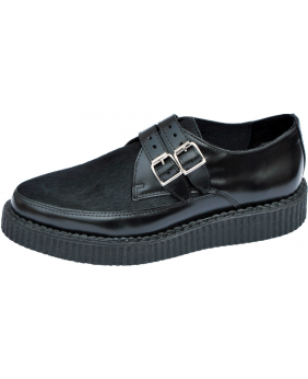 Double-buckle black leather creepers with hair-on upper and 3 cm rubber sole – Nevermind.