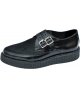 Schwarze Creepers mit doppelter Metallschnalle, Glattleder und Haar-Einsatz, 3 cm Gummisohle – Modell Nevermind.