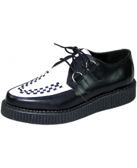 Nevermind pointed toe creepers in black and white with checkerboard pattern and metal eyelets.