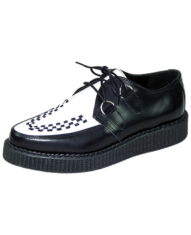 Nevermind pointed toe creepers in black and white with checkerboard pattern and metal eyelets.