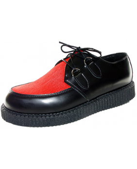 Nevermind simple creepers in black leather and red bovine fur with crêpe sole.