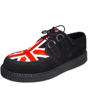 Black suede creepers with genuine red leather Union Jack – British rock spirit and underground heritage.