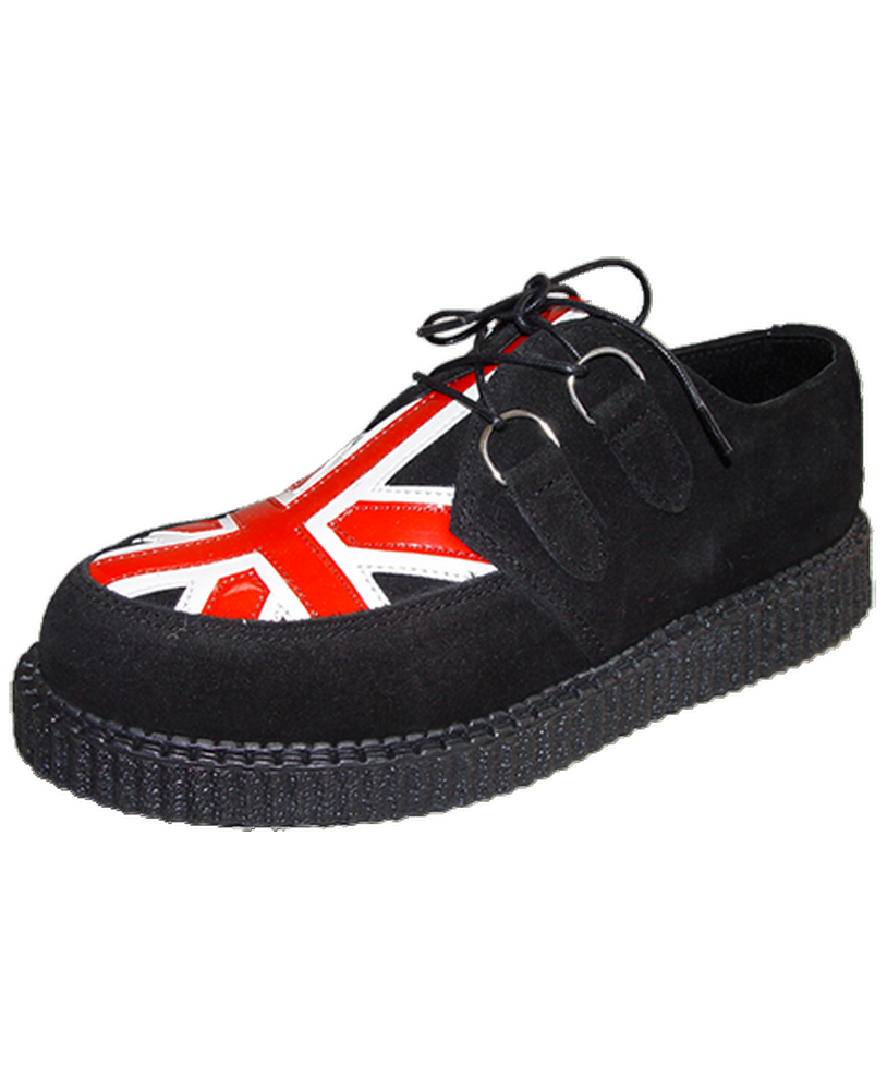 Creepers en cuir suédé noir et Union Jack en cuir rouge et blanc – héritage rock britannique et esprit underground.