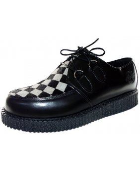 Nevermind simple creepers in black leather and cowhide checkerboard pattern with crêpe sole.
