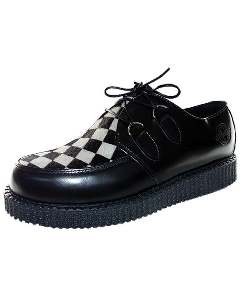 Nevermind simple creepers in black leather and cowhide checkerboard pattern with crêpe sole.