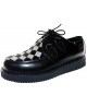 Nevermind simple creepers in black leather and cowhide checkerboard pattern with crêpe sole.