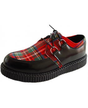 Creepers Nevermind semelle simple cuir noir et tissu écossais rouge – héritage punk et élégance alternative.