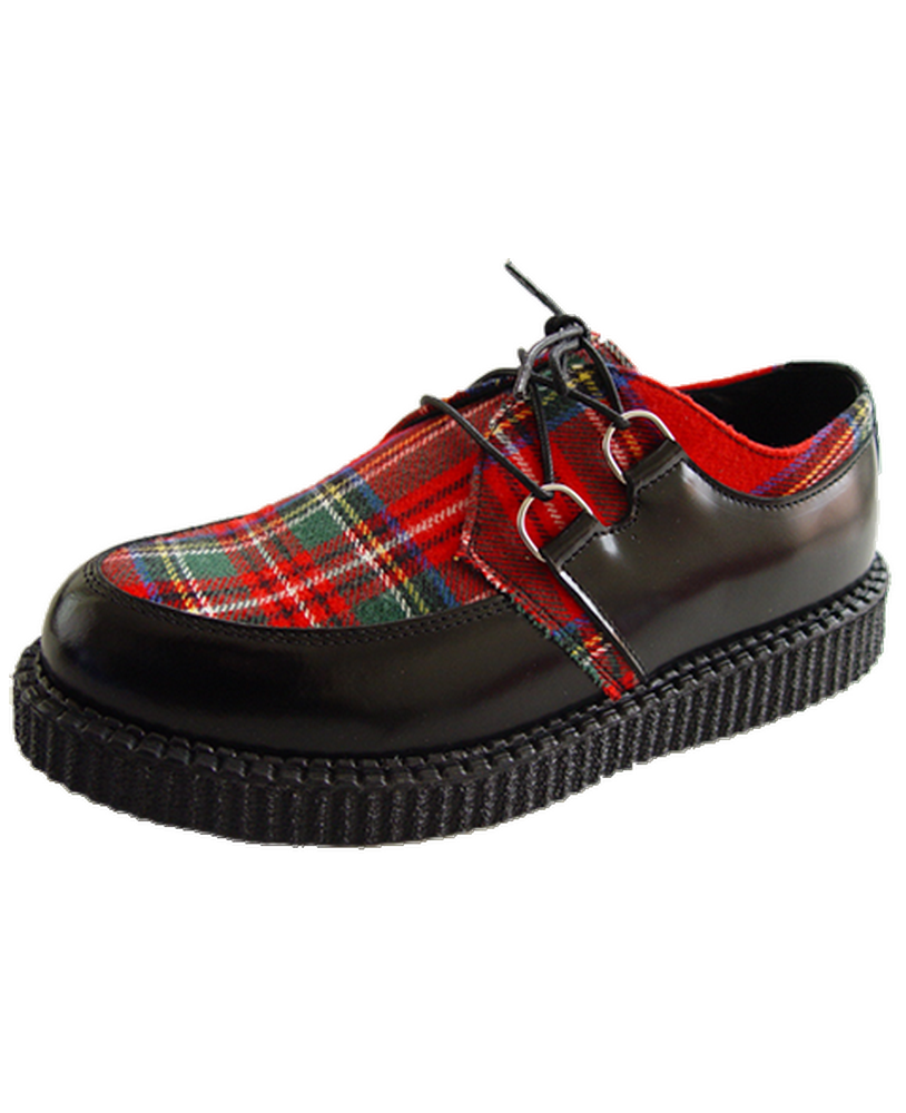 Nevermind single sole creepers in black leather and red tartan – bold, punk, underground.