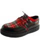 Nevermind single sole creepers in black leather and red tartan – bold, punk, underground.