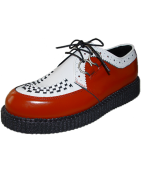 Nevermind single sole creepers red and white leather – ska-inspired checkerboard design, punk heritage.
