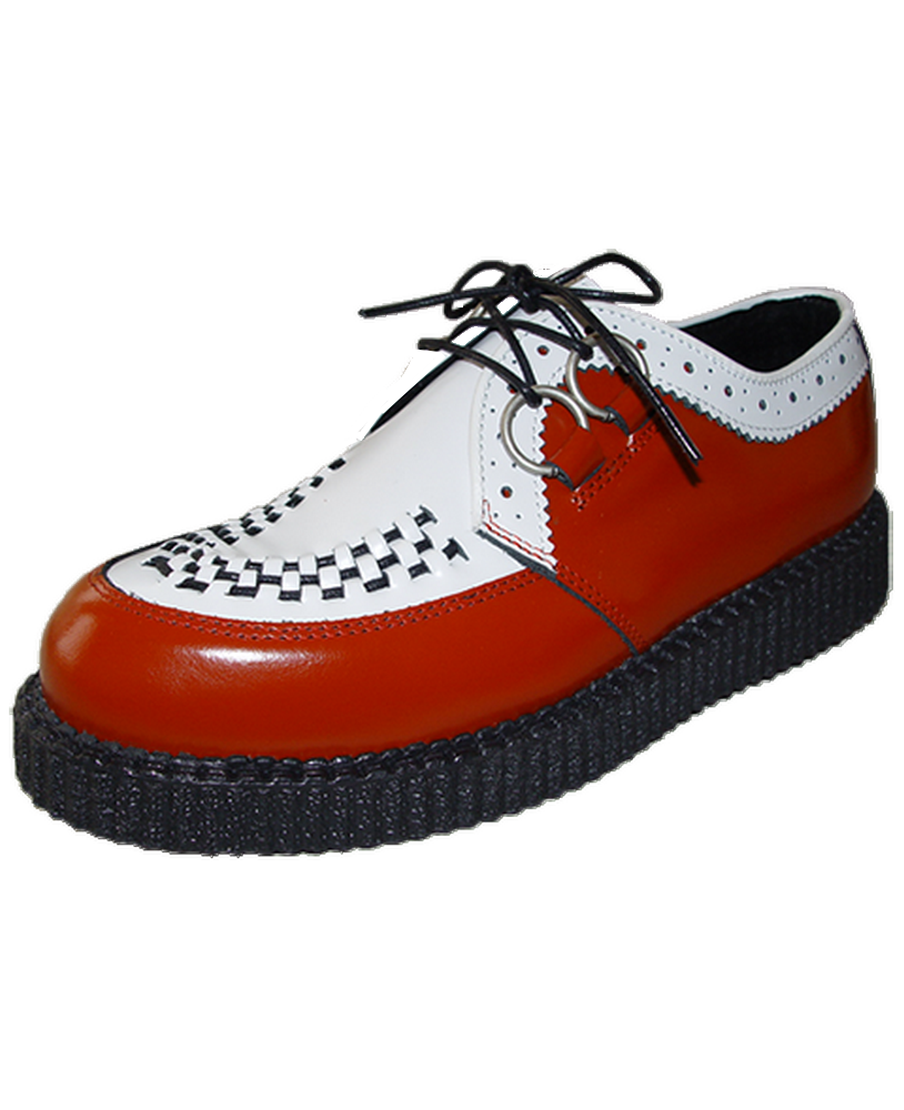 Nevermind single sole creepers red and white leather – ska-inspired checkerboard design, punk heritage.