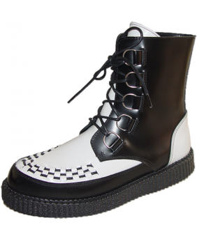 Black & white creeper boots with woven vamp and 3 cm sole.