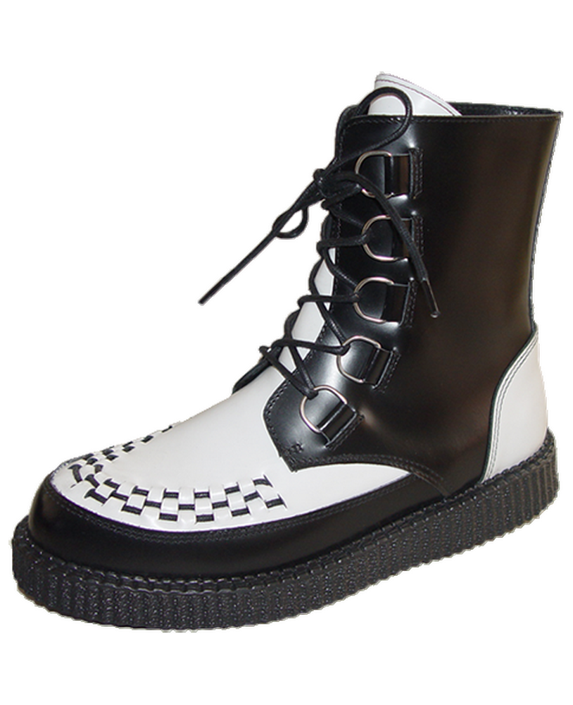 Black & white creeper boots with woven vamp and 3 cm sole.