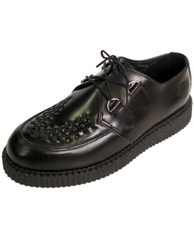 Creeper Nevermind noire à simple semelle, en cuir lisse noir avec tressage sur le dessus