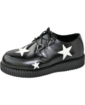 Nevermind single sole creepers black leather with white stars – glam rock inspired design.