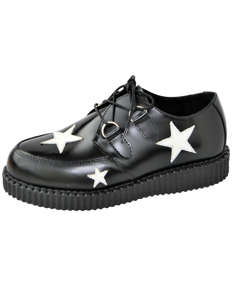 Creepers Nevermind suela simple cuero negro con estrellas blancas – espíritu glam rock.