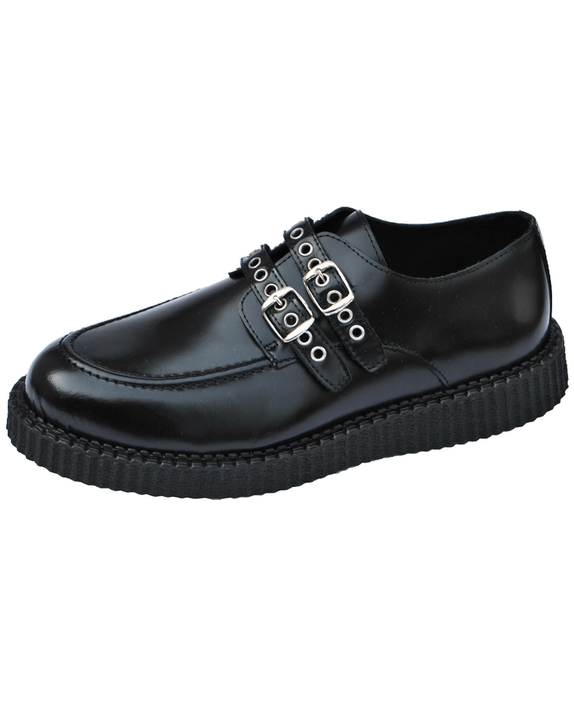 Creepers Nevermind suela simple cuero negro – diseño doble correa punk.