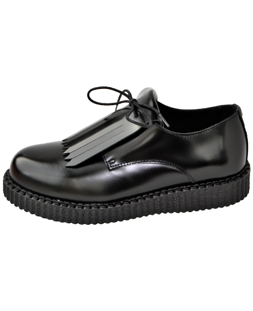 Creepers Nevermind einfache Sohle Leder schwarz – Modell mit Fransenlasche.
