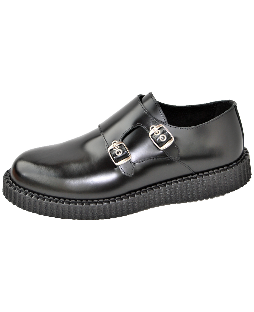 Creepers Nevermind semelle simple en cuir noir avec double boucle – style monk strap alternatif.