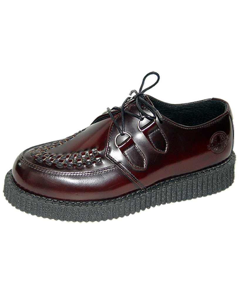 Creepers Nevermind simple semelle en cuir bordeaux brillant avec tressage artisanal.