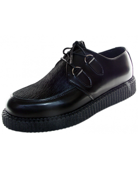 Creepers Nevermind semelle simple cuir noir lisse et fourrure bovine noire – rebelles, élégantes, authentiques.