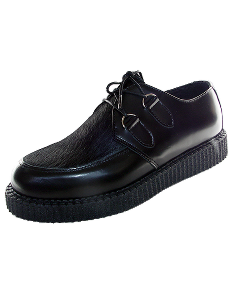 Nevermind single sole creepers in black leather and cowhide – bold, timeless, underground.