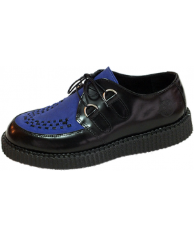 Nevermind single sole creepers in black leather and blue suede – bold, elegant, underground.