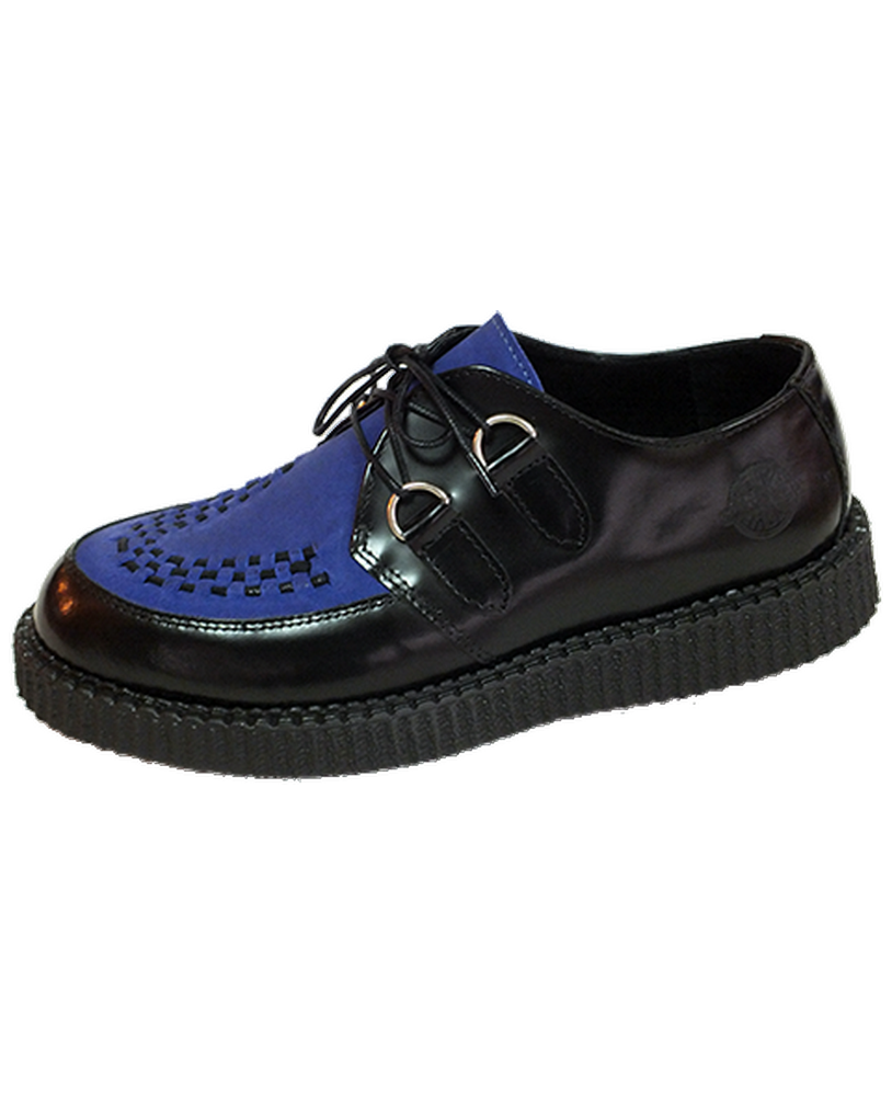 Nevermind single sole creepers in black leather and blue suede – bold, elegant, underground.