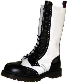 Rangers 20 œillets Nevermind en cuir noir et blanc, avec détails brogue et bout coqué – style dandy punk.