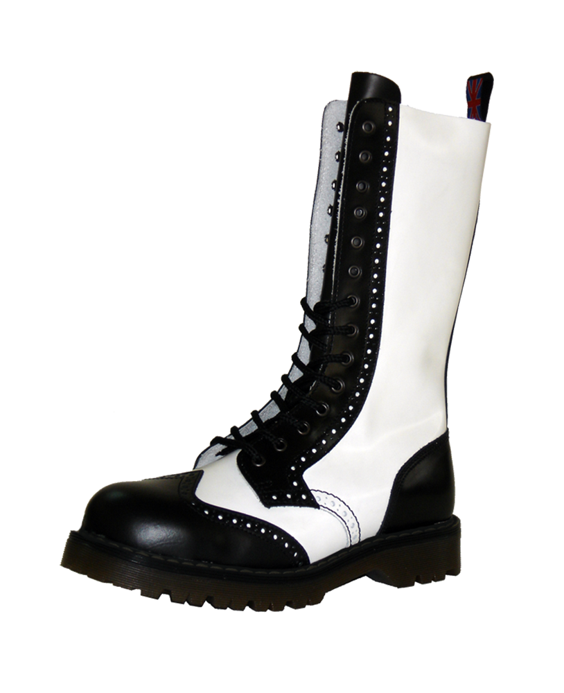 Rangers 20 occhielli Nevermind in pelle bianca e nera, con dettagli brogue e puntale rinforzato – stile dandy punk.