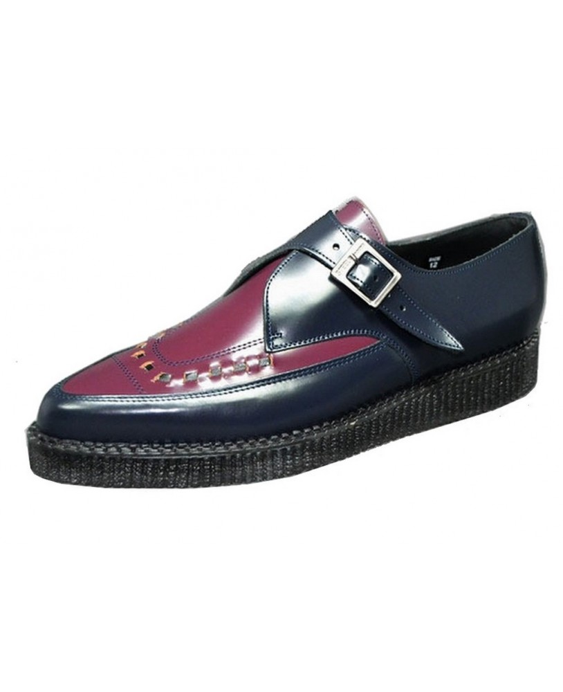 Nevermind pointed toe creepers in navy blue and purple leather with buckle.