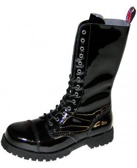 Rangers Nevermind 14 eyelets in black patent leather with toe cap and chunky sole – rebellious gothic style.