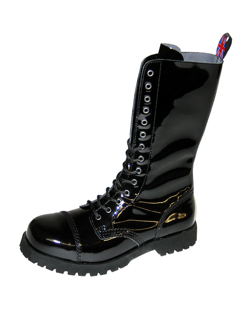 Rangers Nevermind 14 Ösen aus schwarzem Lackleder mit Stahlkappe und massiver Sohle – rebellischer Gothic Stil.