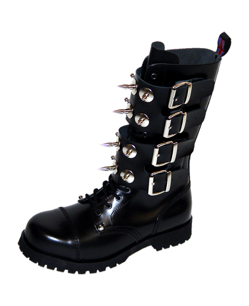 Rangers 14 œillets cuir noir, 4 sangles à boucles et pointes chromées