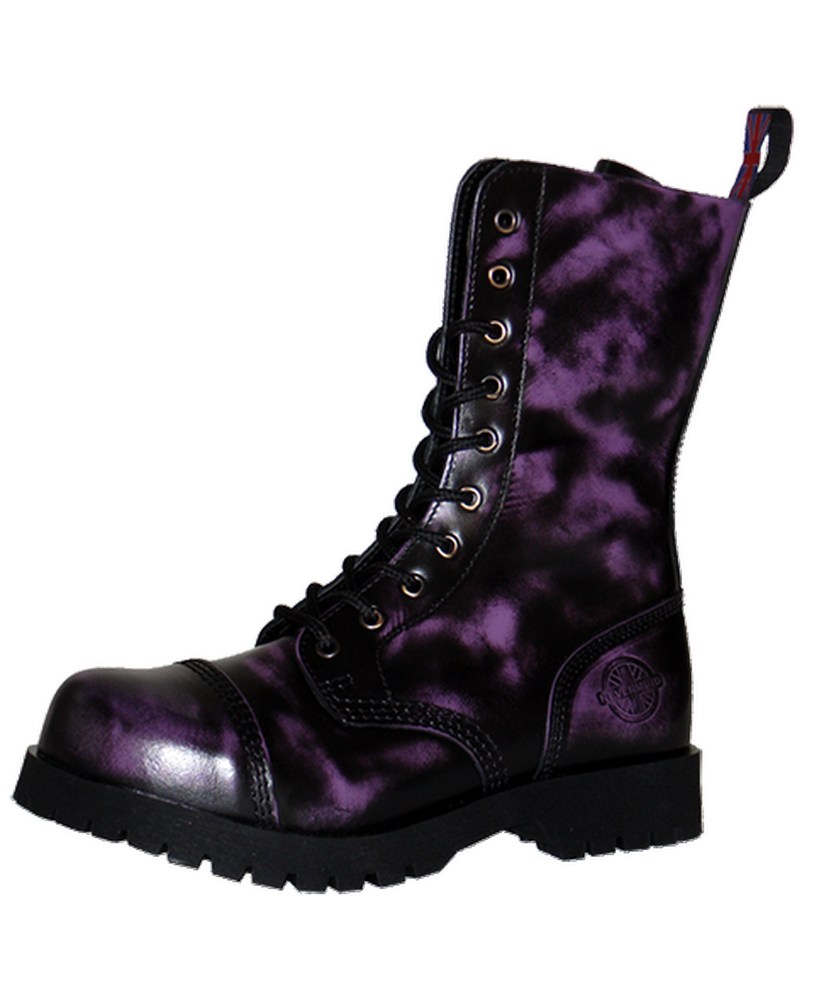 Nevermind boots in patinated purple leather, 10 eyelets and lug sole – strength and alternative style.